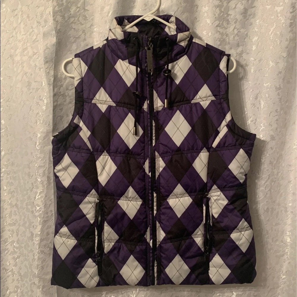 Purple, Black and White checkered Vest.